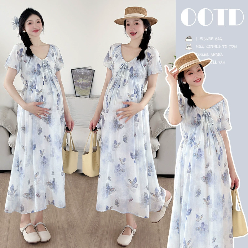 Спот реальный выстрел ~ Летний дизайн для беременных женщин с V-образным вырезом может быть шнуровка бабочки свободного среднего длинного платья