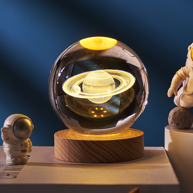 木質発光台座3d内彫刻水晶玉銀河太陽系創意デスクトップ小夜灯置物祝日プレゼント|undefined