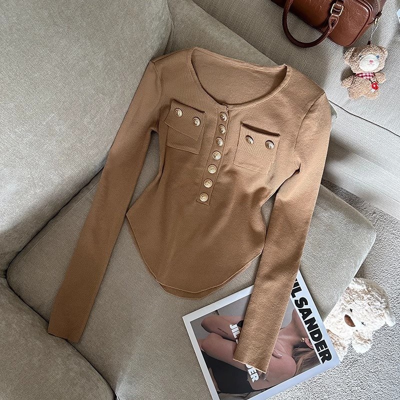 Chic long-sleeve spring-summer new style slim-fit design waist-cinching base shirt top knitted t-shirt for women