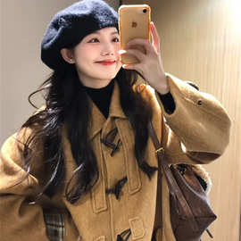 深冬高级感独特超好看牛角扣呢子大衣女入冬2025新款毛呢外套加厚