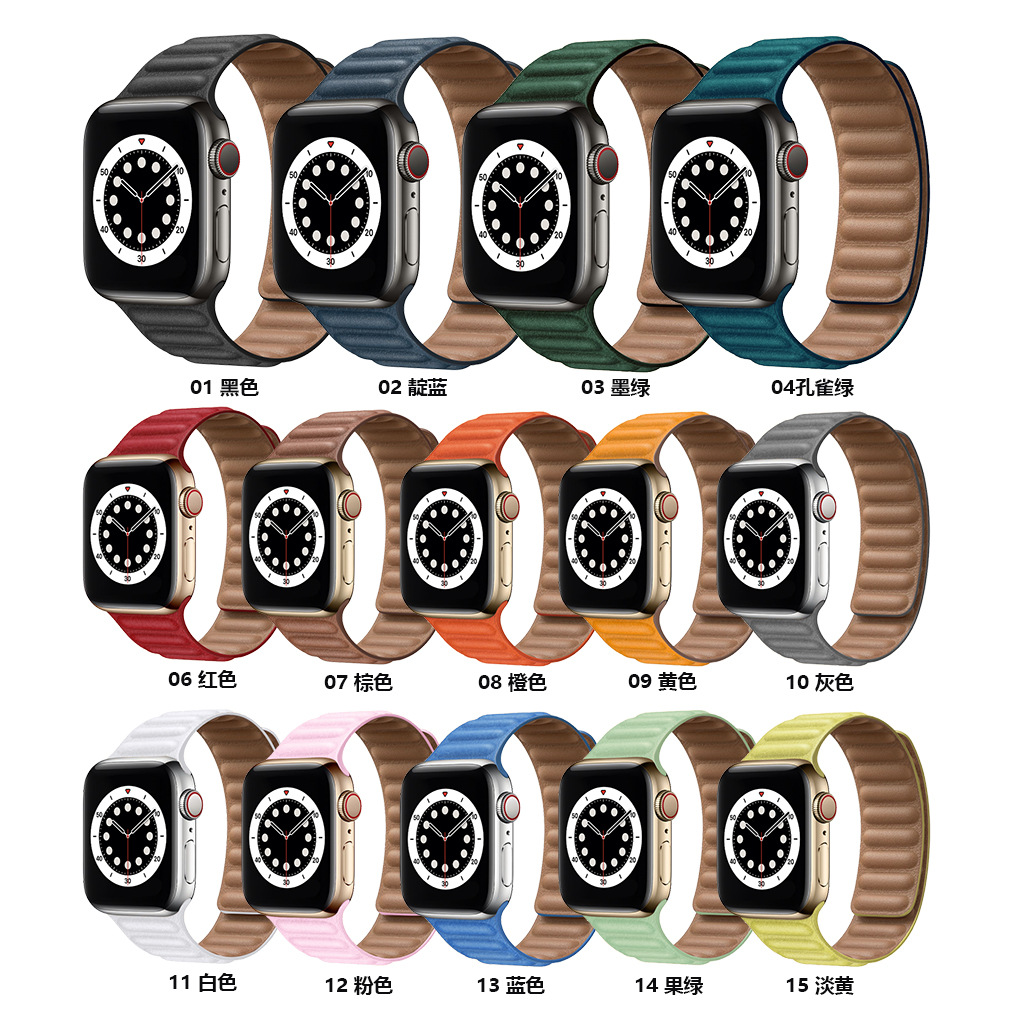 適用apple watch蘋果皮質迴環錶帶iwach6/2雙色磁吸腕帶工廠直銷