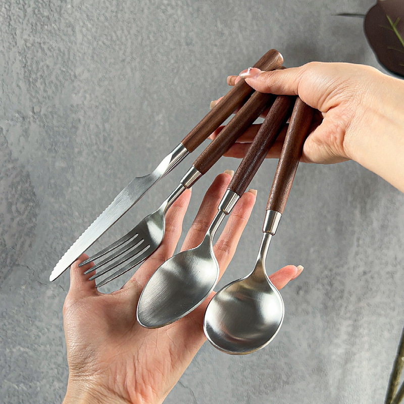 Solid Wood Walnut 304 Stainless Steel Knife, Fork, and Spoon Set for Restaurant, High Aesthetic Value, Western-Style Steak Cutlery Set
