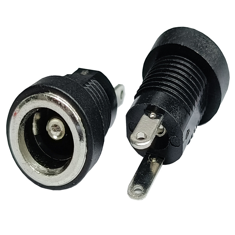 DC-022B电源插座圆孔带螺母焊线镀银脚立式直插2脚电源插座大电流