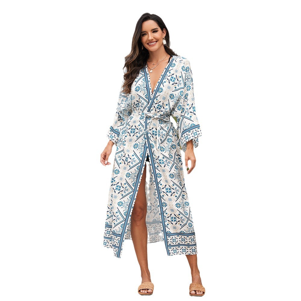 Transfronterizo nuevo impreso cardigan vacaciones junto al mar más el tamaño Falda larga bikini blusa protección solar camisa traje de baño desgaste exterior 3809