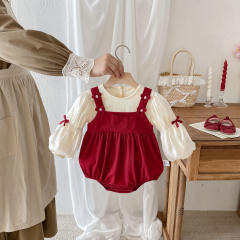 婴儿衣服秋装女宝宝长袖包屁衣红色喜庆满月周岁礼服公主连体衣棉