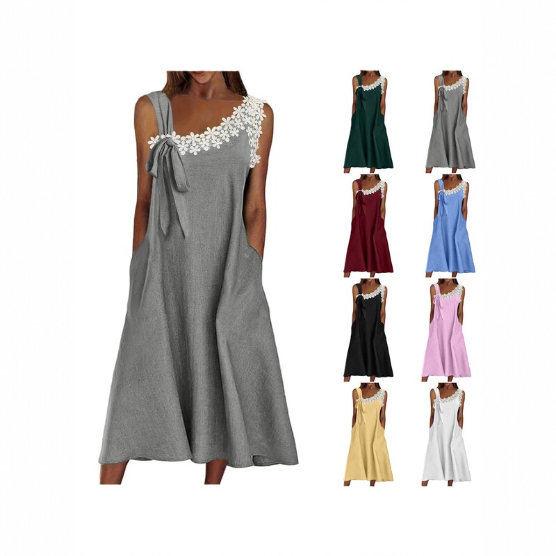Amazon 2026 Summer New Cotton and Linen Strap Dress for Women, V-neck Lace Patchwork A-line Dress, Loose Mid-length Style