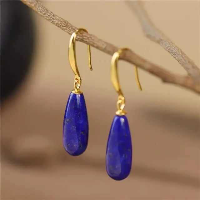 Lapis Lazuli Earrings Women's Sterling Silver Ancient Gold Klein Blue Temperament Casual Water Drop Earrings New Jewelry