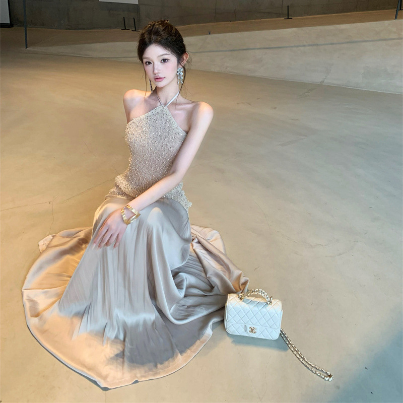 Lace Splicing Satin Long Skirt Women's Engagement Dress Niche Design Halterneck Toast Dress Homecoming Dress Can Be Worn Daily