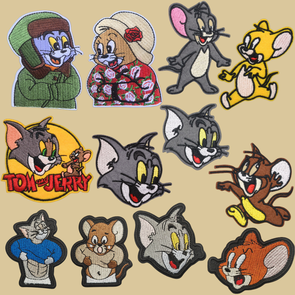 童装辅料老鼠猫羽绒服补丁贴背胶贴花刺绣布贴批发  卡通动漫现货