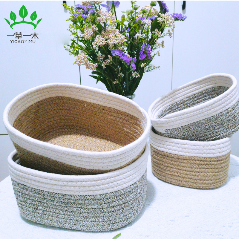 Desk storage basket woven cotton rope organizer box key miscellaneous snack square fabric toy storage basket