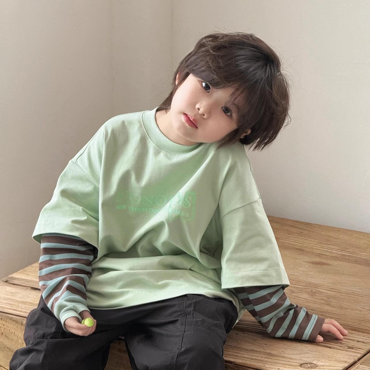 Korean Children's Clothing for Older Kids, Spring 2026 New Stylish Boys' Sweatshirt, Pure Cotton Korean Style Children's Faux Two-Piece T-Shirt