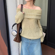 跨境 韩国chic秋冬新款露肩一字领松弛感甜美长袖针织衫
