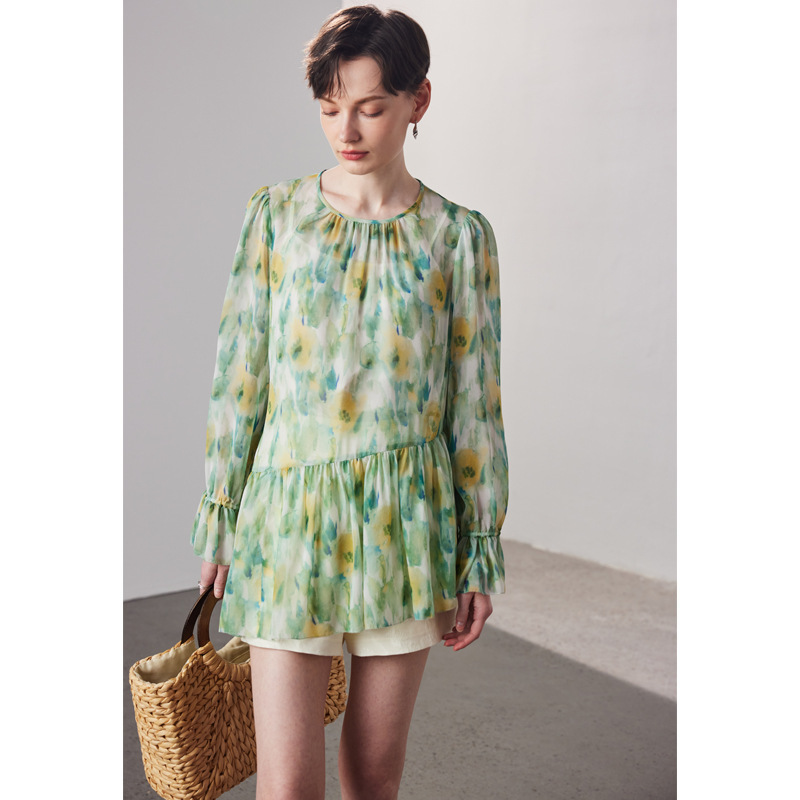 Silk Shirt for Women 2026 Spring/Summer New Two-Piece Set Doll Shirt Printed Slightly Sheer Georgette 100% Mulberry Silk Top