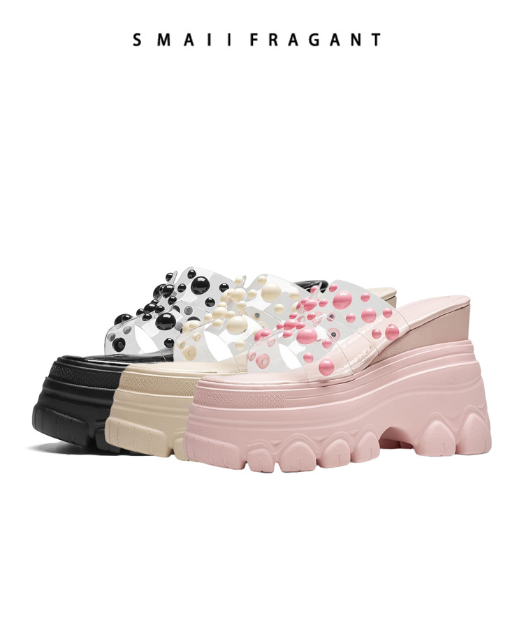Dép sandal cao gót nữ đế trong suốt gót 12 cm quai ngang đính ngọc trai — màu đen, màu hồng, màu trắng ngà chi tiết 11