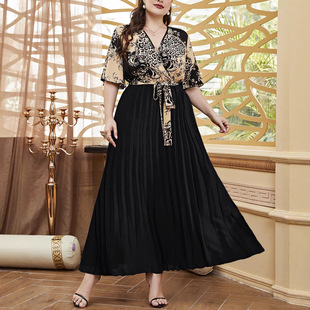plus size Women's 2024 New Elegant Long Dress Pullover Loose Waist Lace-up Printed Sexy V-Neck Stitching Short Sleeve Connected