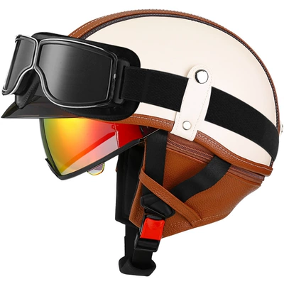 Motosiklet kaskı (dəbilqə) – car helmet Japanese scoop helmet - brown-and-white-aurora-red-mirror-square-retro-mirror-m