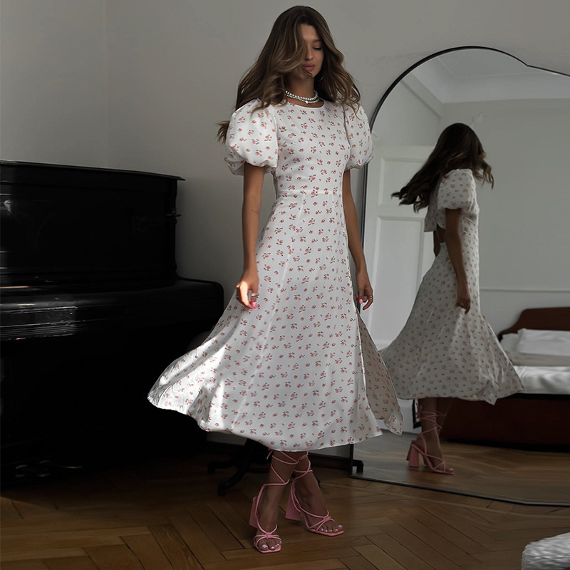 Cross-border European and American-style Summer New French Round Neck Floral dress Puff Sleeve Backless Slip Fresh Sweet Long Dress