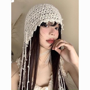 Hollow Pearl Tassel Pendant Hooded Hat for Women Summer Ethnic Style Knitted Hooded Hat Retro Face-Showing Small Hat