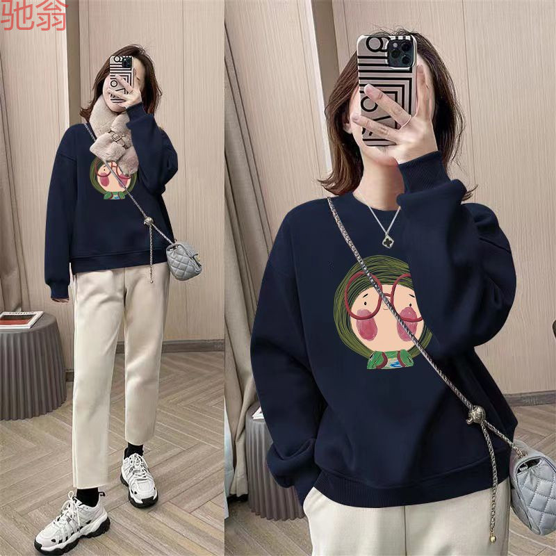 H8A New High-grade Sweatshirt Women's fleece-lined Thickened Spring Autumn and Winter Thin High-quality oversize Loose Round Neck