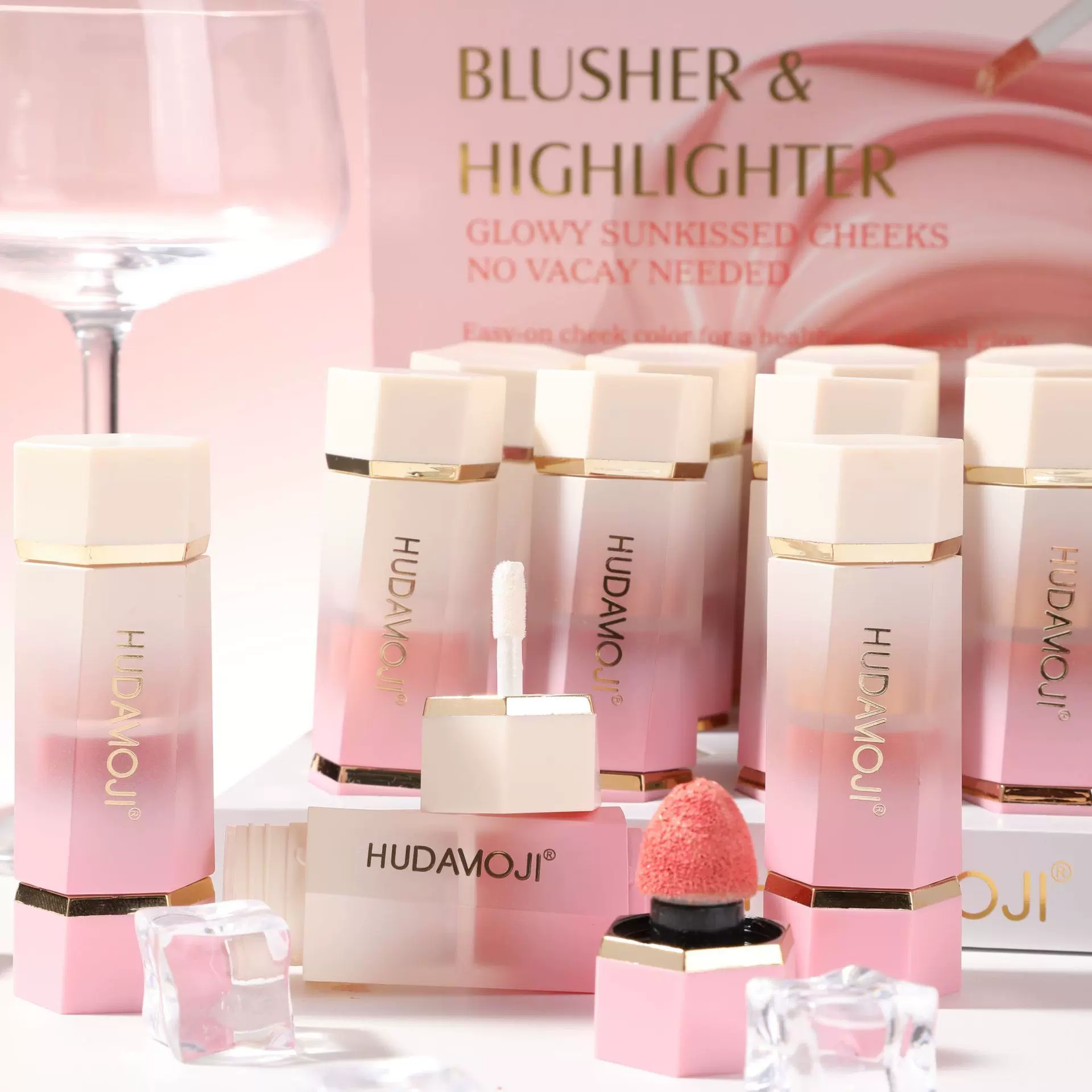 HUDAMOJI双头腮红高光自然显气色面部立体提亮修饰轮廓跨境彩妆