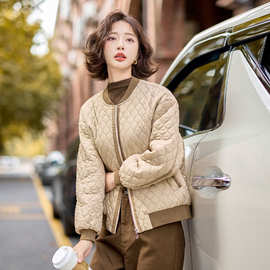 小个子撞色菱格夹棉棉服短款外套女2025秋冬新款今年流行轻薄棉衣