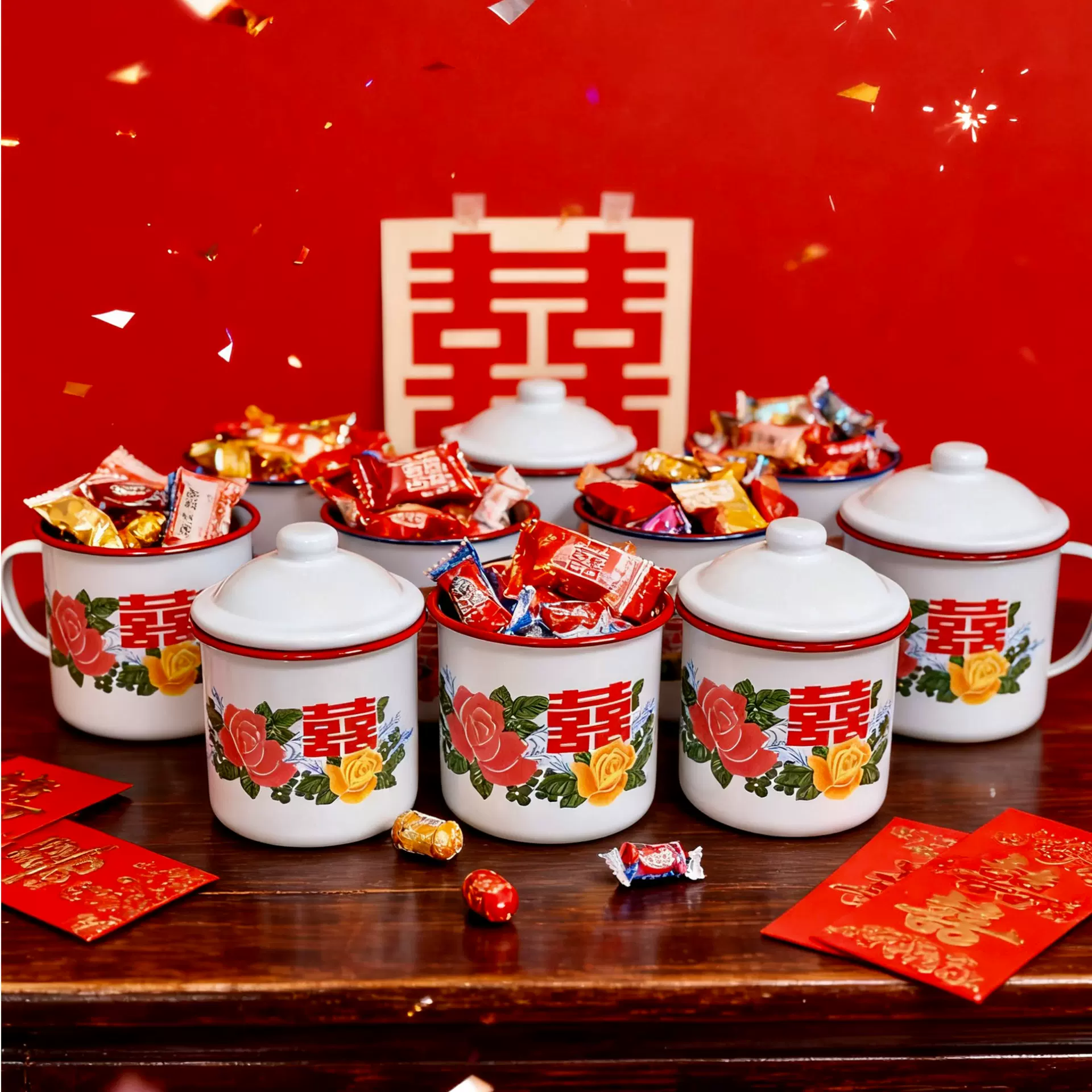 双喜花卉款搪瓷杯搪瓷喜糖盒红色边口带腰封搪瓷缸复古新款搪瓷杯
