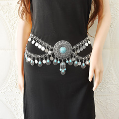 New exaggerated retro metal waist chain turquoise large disc coin tassel hollow flower belly dance waist ornament