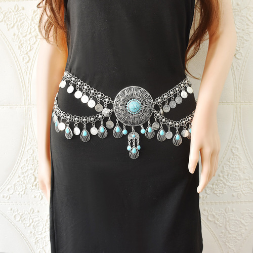 New exaggerated retro metal waist chain turquoise large disc coin tassel hollow flower belly dance waist ornament