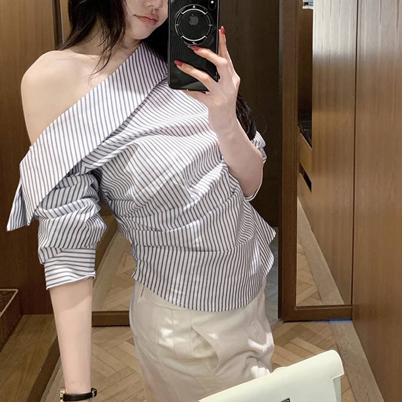 "Qiao Mei Style Elegant Blue Striped off-the-shoulder Shirt Women's Loose Design Niche Top