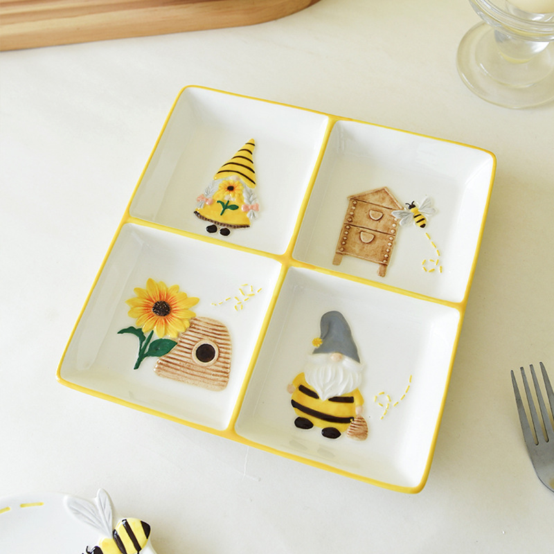 Primavera abejas girasol elf cerámica en relieve plato de cuatro paneles de platos encantadores platos