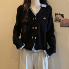 女装假两件翻领针织开衫毛衣外套女秋冬大胖mm宽松显瘦正肩衣