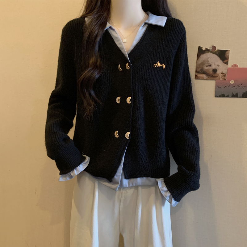 Women's Faux Two-Piece Turn-Down Collar Knitted Cardigan Sweater Coat for Spring, Plus-Size Loose Fit, Slimming, Regular Shoulder Style