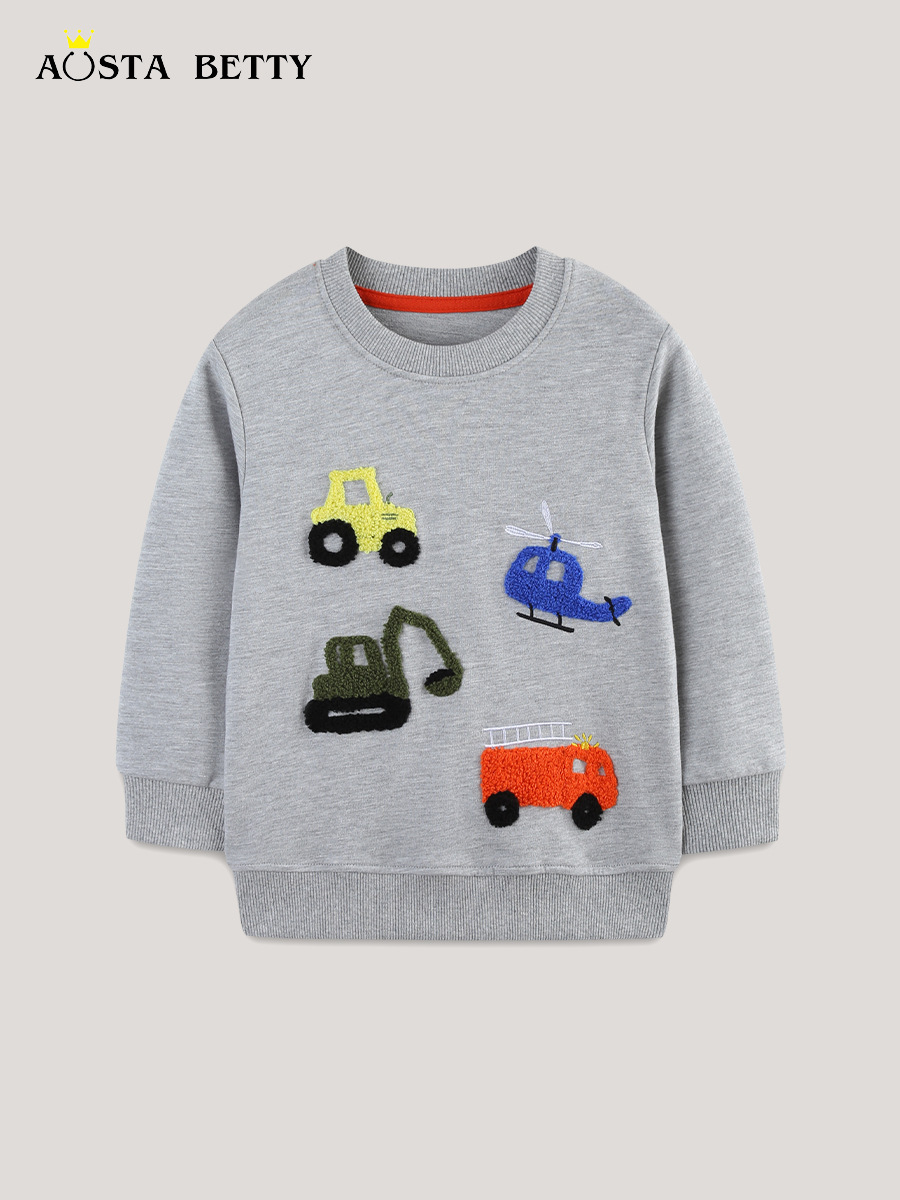Venta directa de fábrica suéter para niños estilo europeo y americano coche de ingeniería toalla bordada sudadera para niños suéter de cuello redondo de algodón de punto image 3