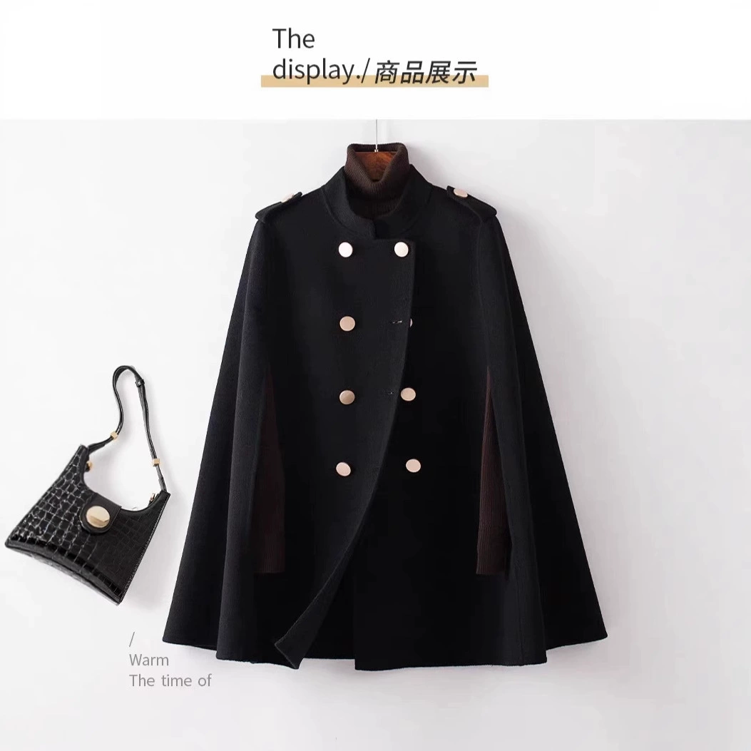 Черная накидка, двустороннее кашемировое пальто, женская накидка 2025, осенне-зимняя верхняя одежда из маленькой австралийской шерсти