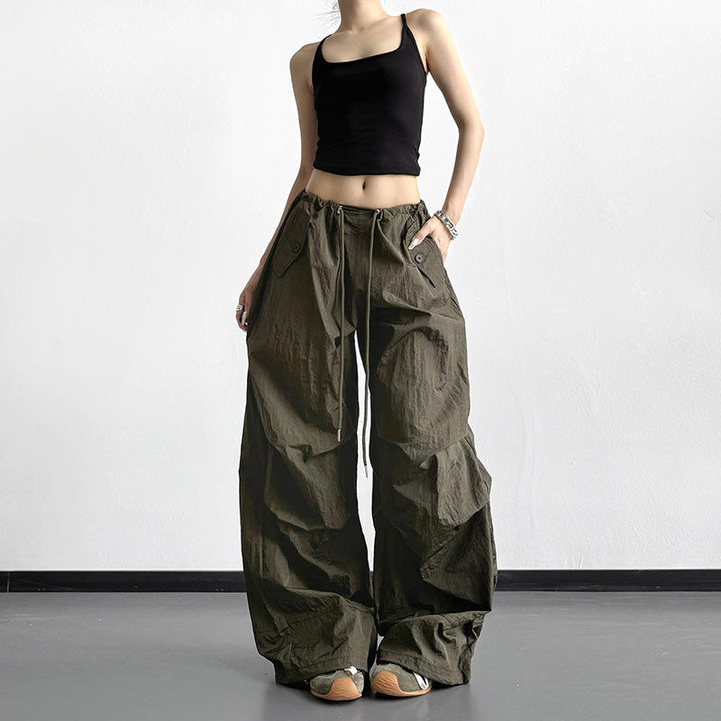 Army Green Work Pants for Women 2026 Spring New Drawstring Parachute Pants Loose Outdoor Casual Pants Wide-Leg Pants Army Green Work Pants for Women 2026 Spring New Drawstring Parachute Pants Loose Outdoor Casual Pants Wide-Leg Pants