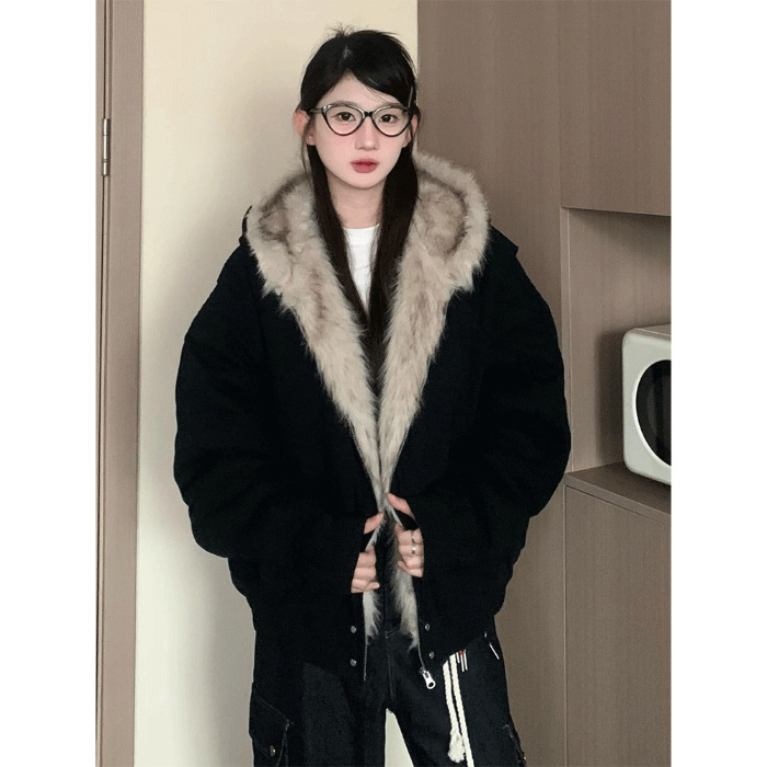 座山雕毛茸茸毛领棉服外套男女加绒加厚夹克美式cleanfit冬季棉衣|undefined