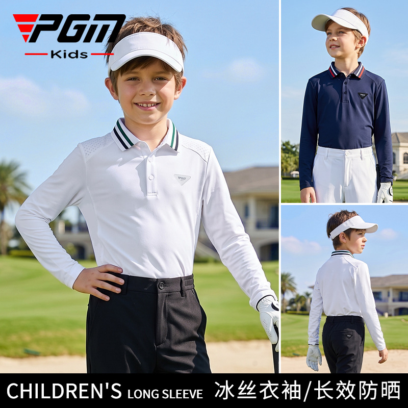 2026Pgm Kidsren's Golf Sports Top Boys' Ribbed Lapel Ice Silk Cool Long-Sleeved Outdoor Golf T-Shirt