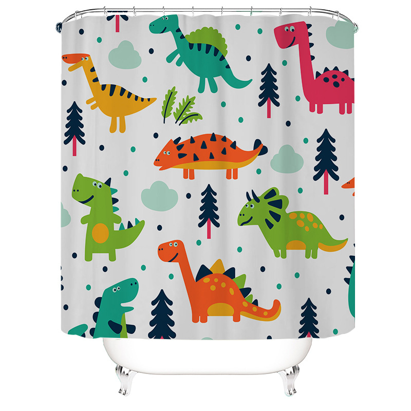 Cortina de ducha impermeable de poliéster, diseño de dinosaurio, serie de 4 piezas