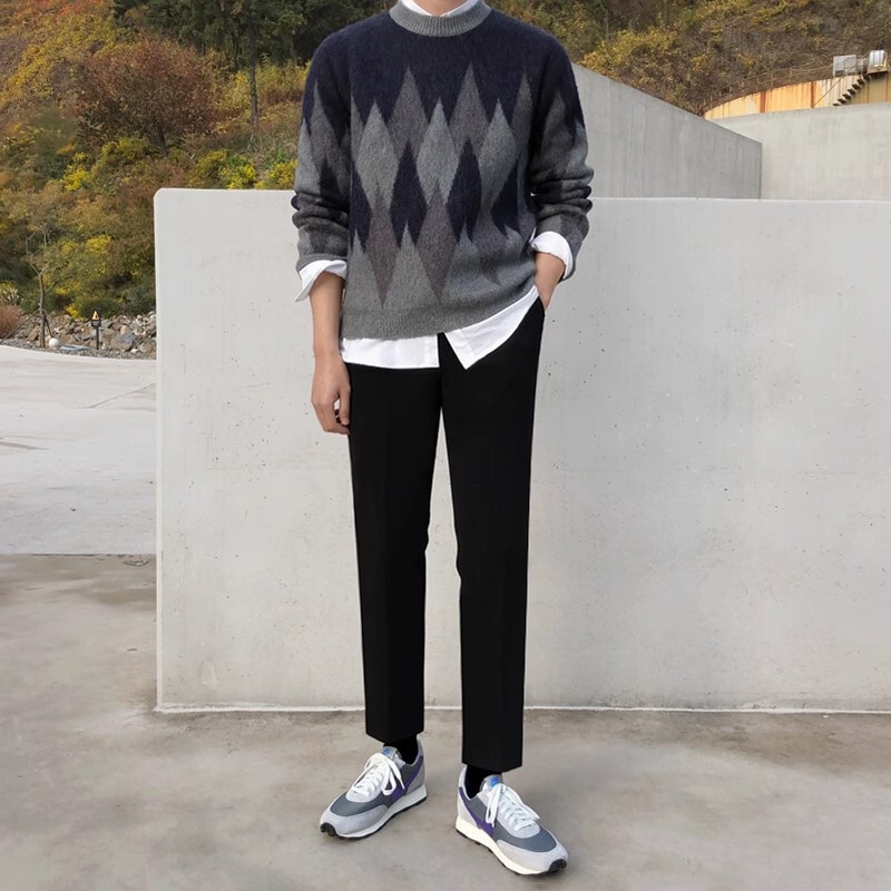 [Clearance] Autumn and winter thick plaid round neck sweater men's loose warm bottoming sweater coat wool