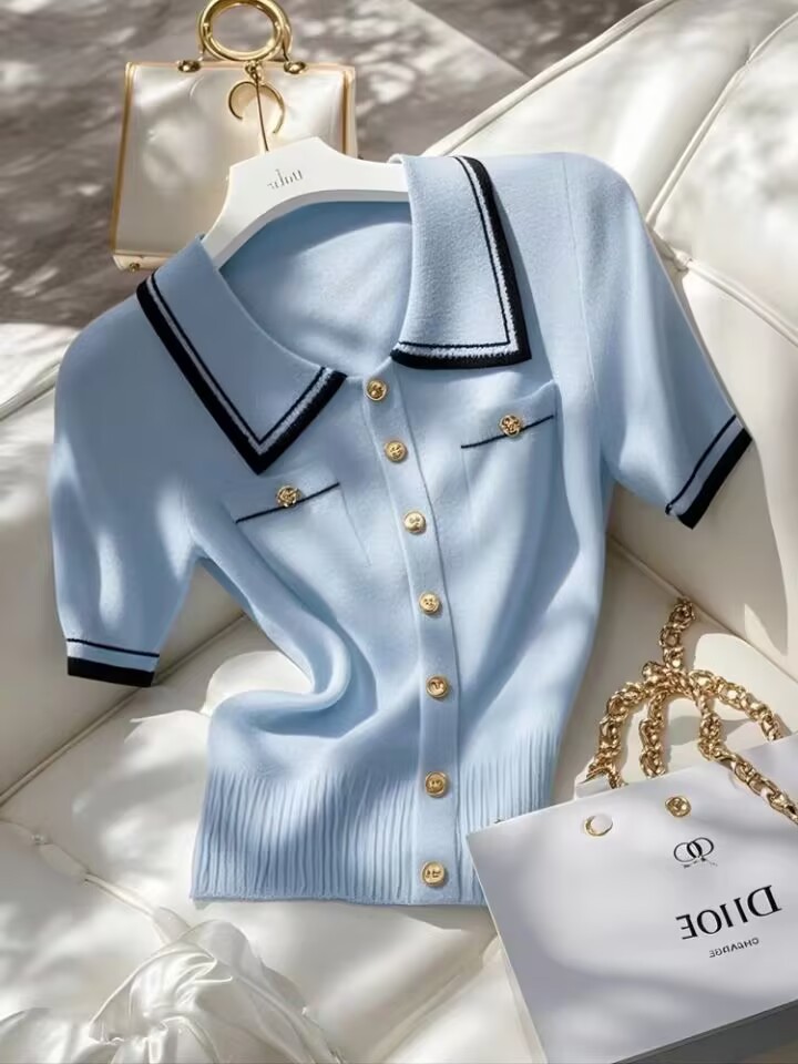 Áo thun nữ cổ polo tay ngắn phối màu xanh lam kiểu mới — xanh lam