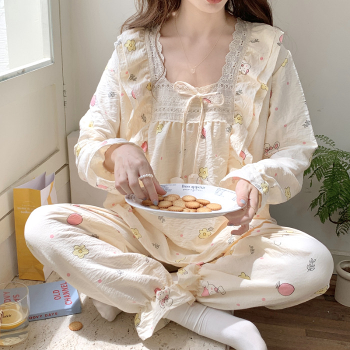 Francés dulce floral manga larga de algodón fresco pijamas chica otoño e invierno en línea estilo rojo 2023 nuevo desgaste casero