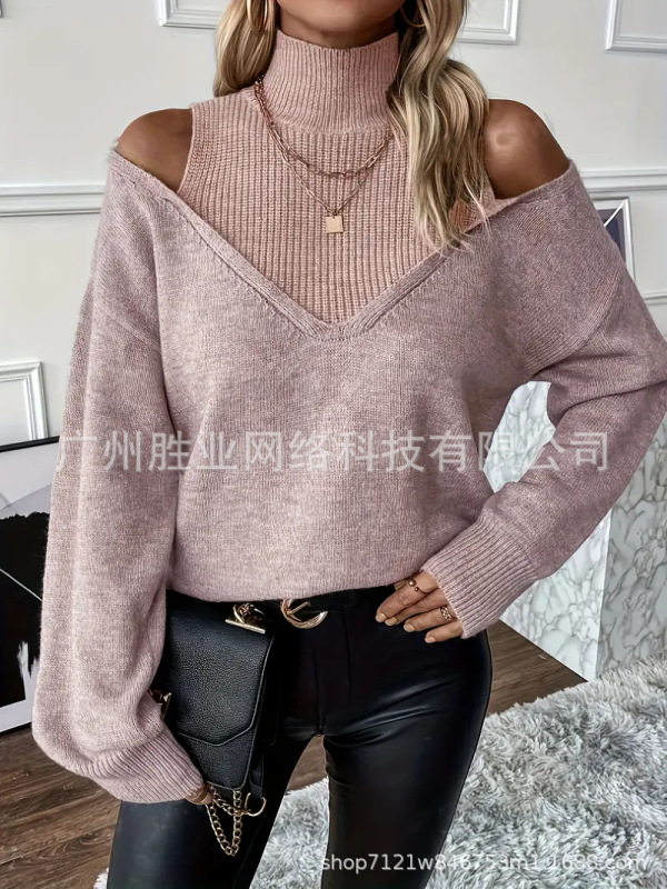 欧美跨境外贸高领秋冬毛衣时尚优雅长袖撞色毛衣露肩设计罗纹袖口|undefined