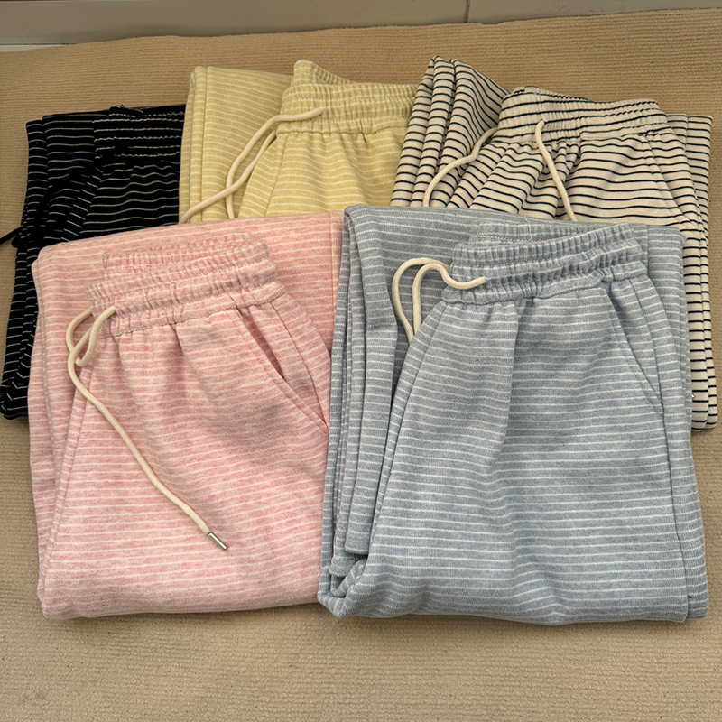 Striped Wide-Leg Pants with Pockets for Women, Spring and Summer Thin Casual High-Waisted Straight Pants, Soft and Lazy Style Striped Wide-Leg Pants with Pockets for Women, Spring and Summer Thin Casual High-Waisted Straight Pants, Soft and Lazy Style