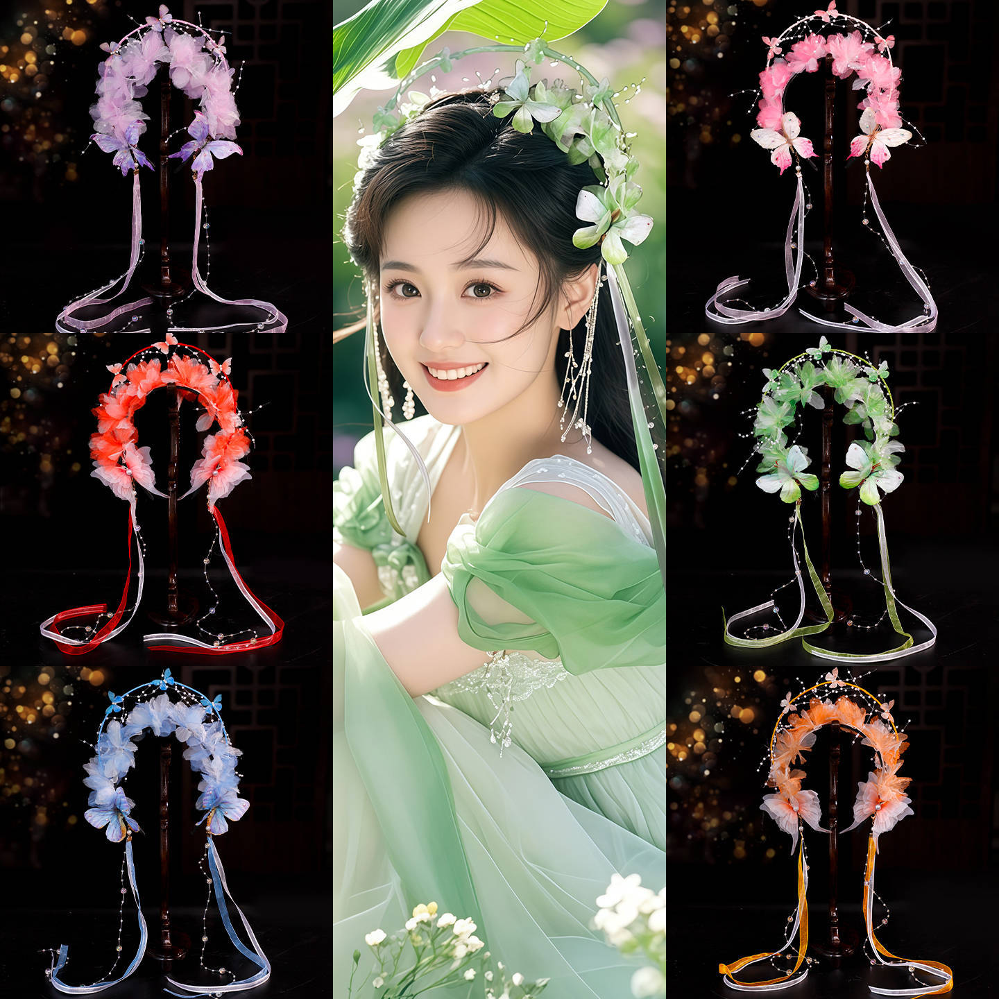 古风汉服百搭古装cos欢天喜地七仙女写真发饰花朵蝴蝶流苏发箍女