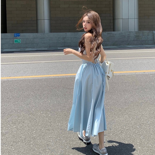 Seaside beach vacation dopamine suspender dress for women's summer one-shoulder waist backless dress strap a-line dress