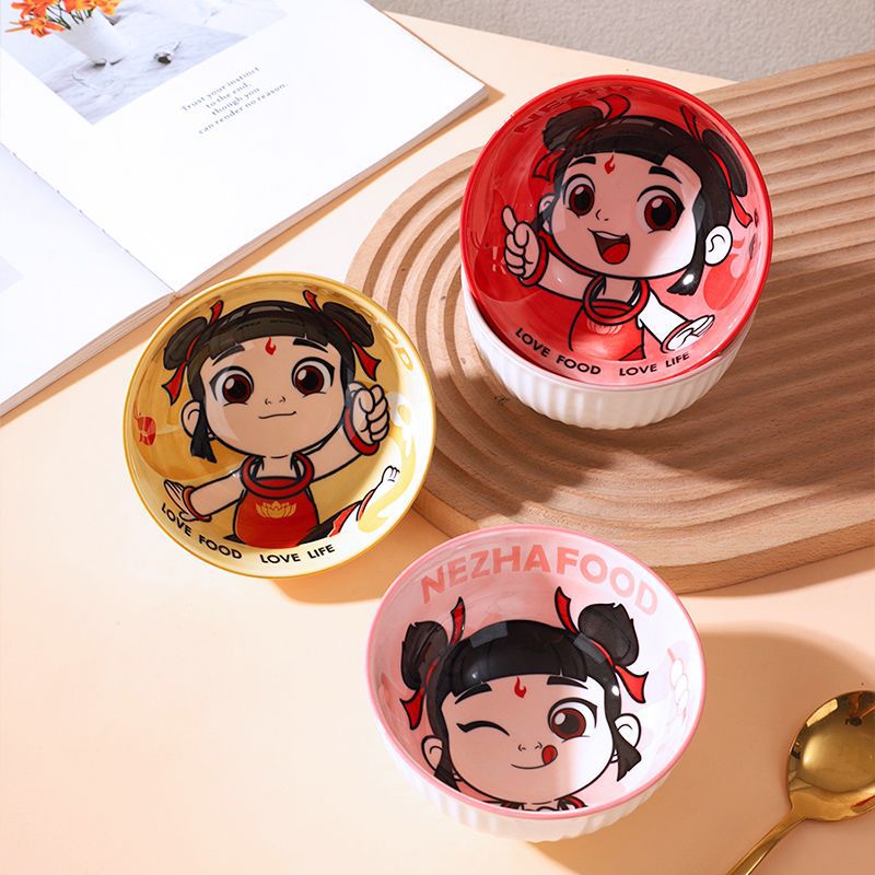 Tazón de arroz para niños Nezha para niños, vajilla linda de color bajo vidriado, suplemento de alimentos para el hogar creativo de alto valor, padres e hijos se mudan a un nuevo hogar