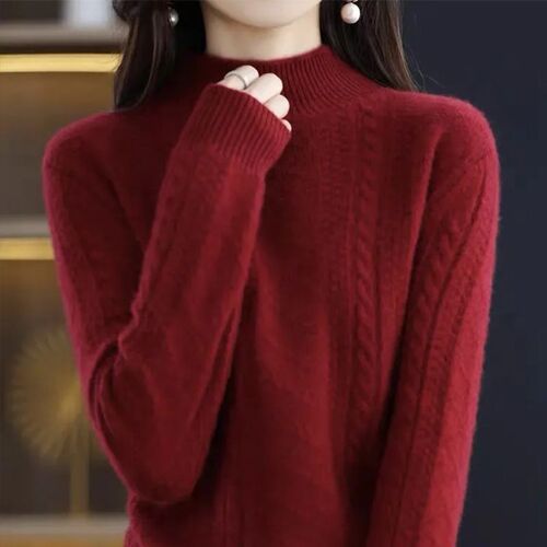 Autumn and winter new semi-high-neck knitted sweater for women's loose long-sleeved shirt with thick and warm solid color based shirt with all-match matching