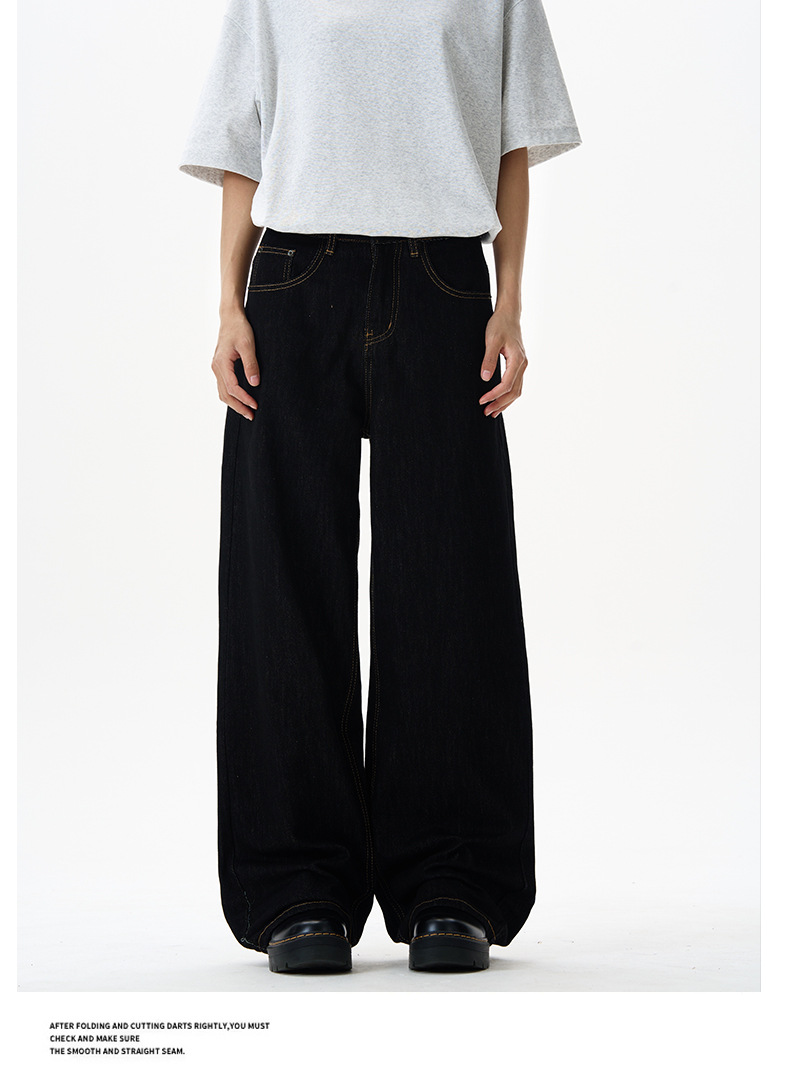 LKTM Classic Black Washed Denim Trousers Relaxed Fit Wide Leg Jeans for Men And Women Cleanfit Aesthetic_viptrois.com