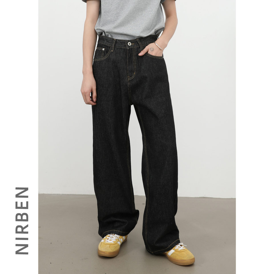 Quần jean nam ống rộng lưng giữa form suông thoải mái phong cách cơ bản — Denim đen, màu xanh denim