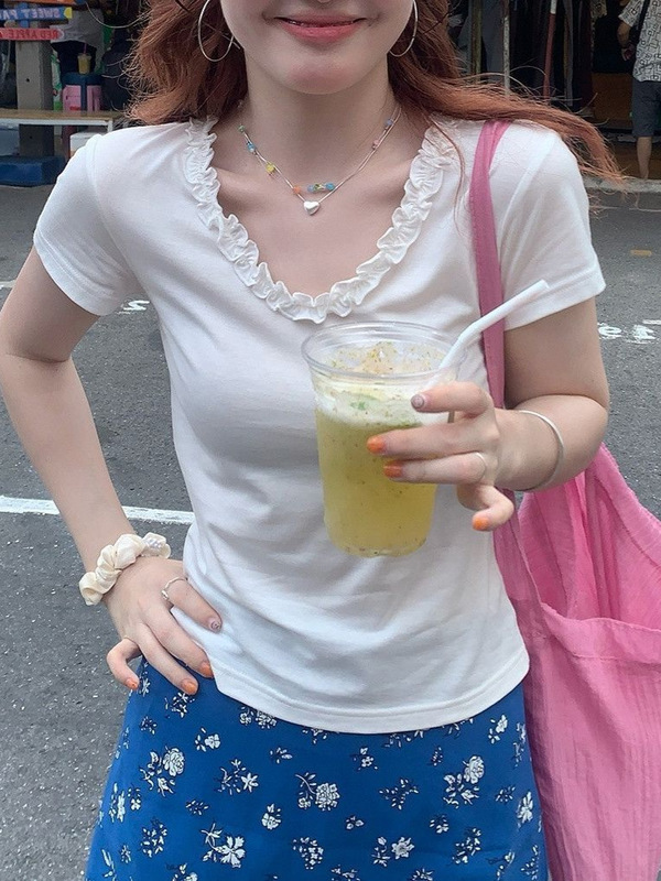 人棉法式时尚2025夏季新款浪漫好看木耳边V领短袖T恤上衣打底衫女|undefined